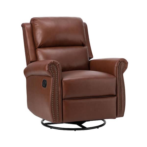 JAYDEN CREATION Helmut Brown Leather Swivel Recliner with Nailhead Trim