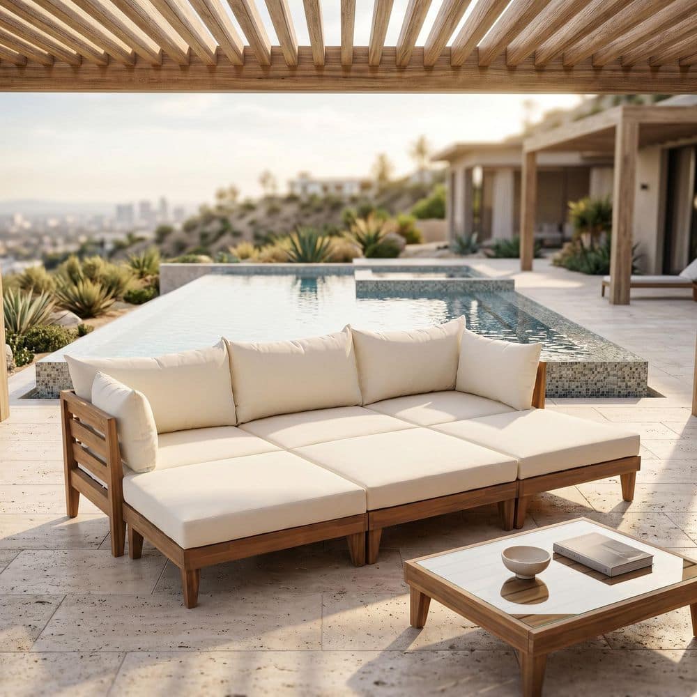 96.9 in. W Rectangle Light Teak Solid Wood Armless Middle Outdoor Sectional Sofa with 5 Pillows and Beige Cushions