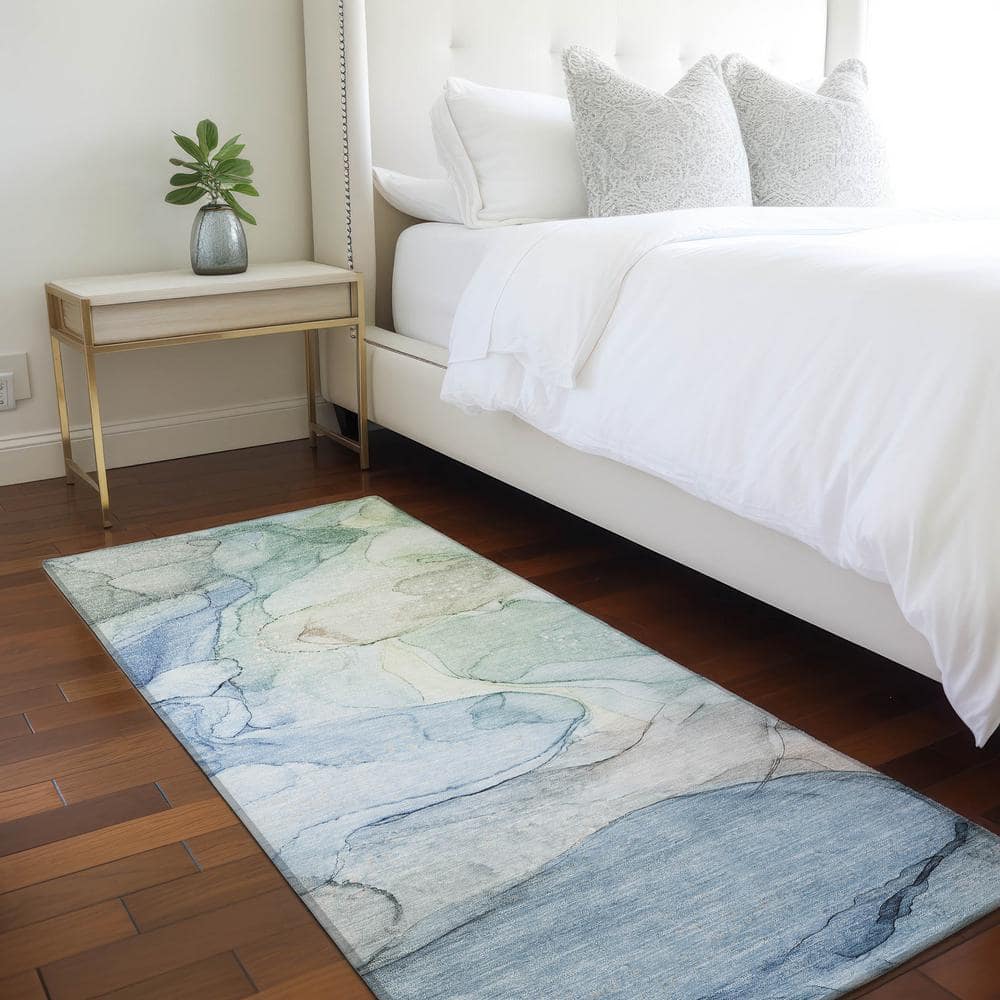 Addison Blue Watercolor Synthetic Washable Runner Rug