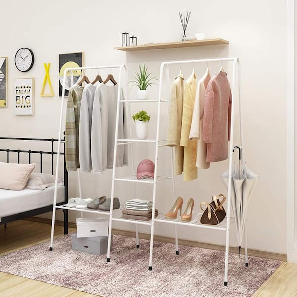 URTR White Clothing Garment Rack with Shelves, Metal Cloth Hanger Rack  Stand Clothes Drying Rack for Hanging Clothes T-01311-WH - The Home Depot