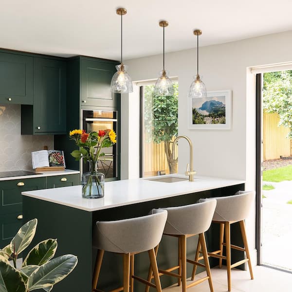 Modern Kitchen Island Pendant Light Contemporary 1-Light Brass Gold Bell Pendant Light with Water-Rippled Glass Shade