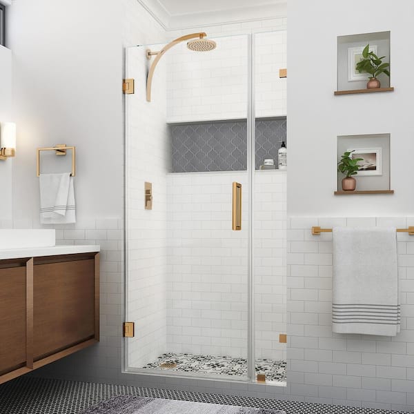 Aston Nautis XL 38.25 - 39.25 in. W x 80 in. H Hinged Frameless Shower Door in Brushed Gold with Clear StarCast Glass