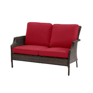 Grayson Brown Wicker Outdoor Patio Loveseat with CushionGuard Chili Red Cushions
