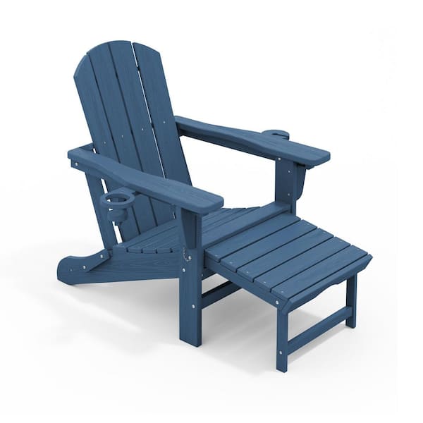 Jearey 3-Level Adjustable Patio Folding Plastic Adirondack Chair with Retractable Ottoman, Cup and Phone Holders in Navy