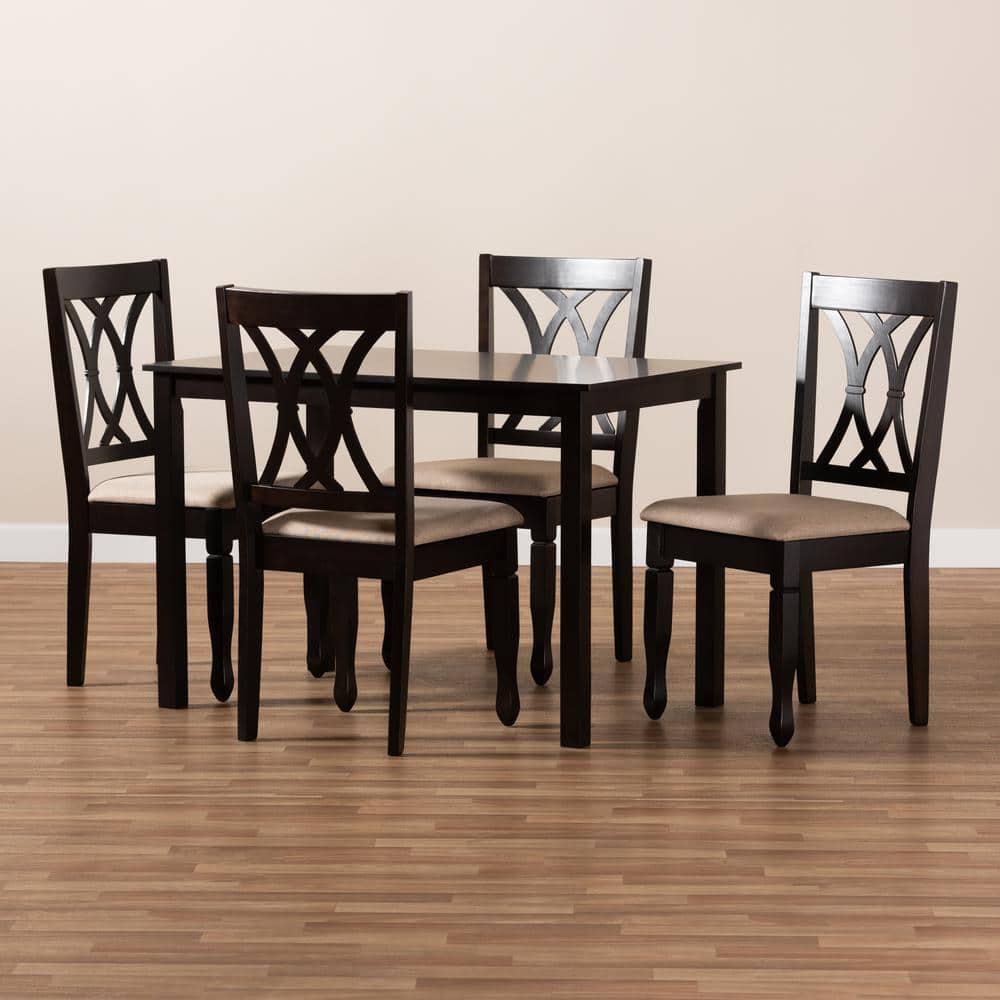 Espresso Brown and Sand Fabric 5-Piece Dining Set with Cut-Out Chair Design