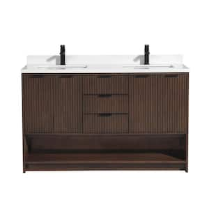 San Diego 55 in. W x 22 in. D x 34.5 in. H Double Bath Vanity in Walnut Engineered Stone Top in White with White Basin