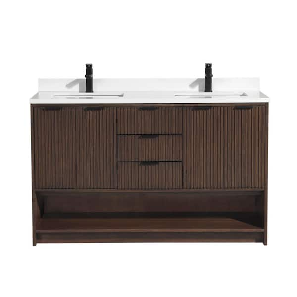 San Diego 55 in. W x 22 in. D x 34.5 in. H Double Bath Vanity in Walnut Engineered Stone Top in White with White Basin