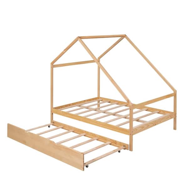 Unbranded Natural Full Size Wooden House Bed with Twin Size Trundle