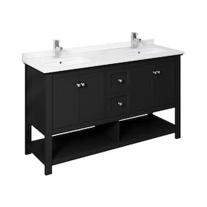 Manchester 60 in. W Bathroom Double Bowl Vanity in Black with Quartz Stone Vanity Top in White with White Basins