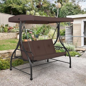 3-Person Brown Metal Outdoor Patio Swing Hammock Porch Swing Glider with Cushions and Adjustable Tilt Canopy