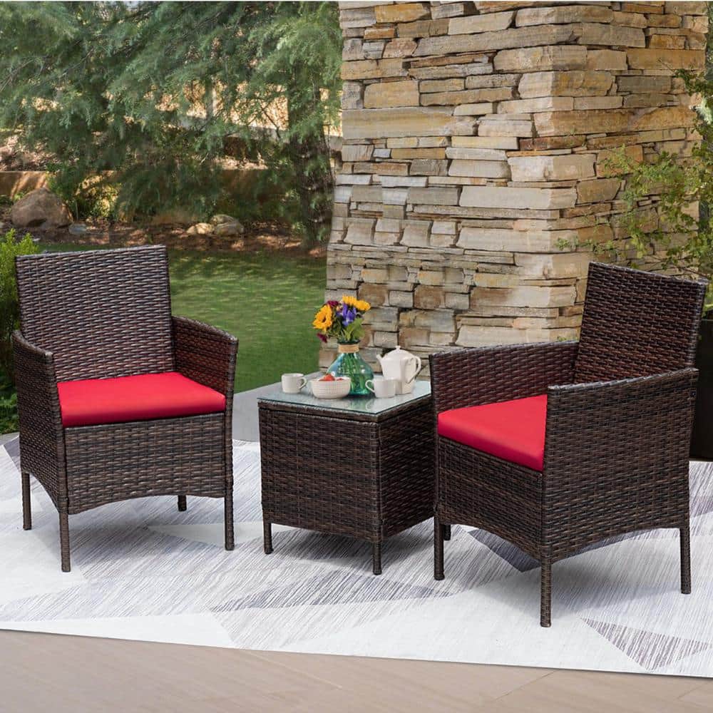 Brown and Red Steel Frame 3-Piece Patio Conversation Set