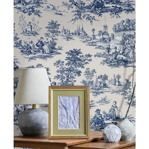 Classic Toile Motif Blue/Off White Matte Finish EcoDeco Material Paper Non-Pasted Wallpaper Roll