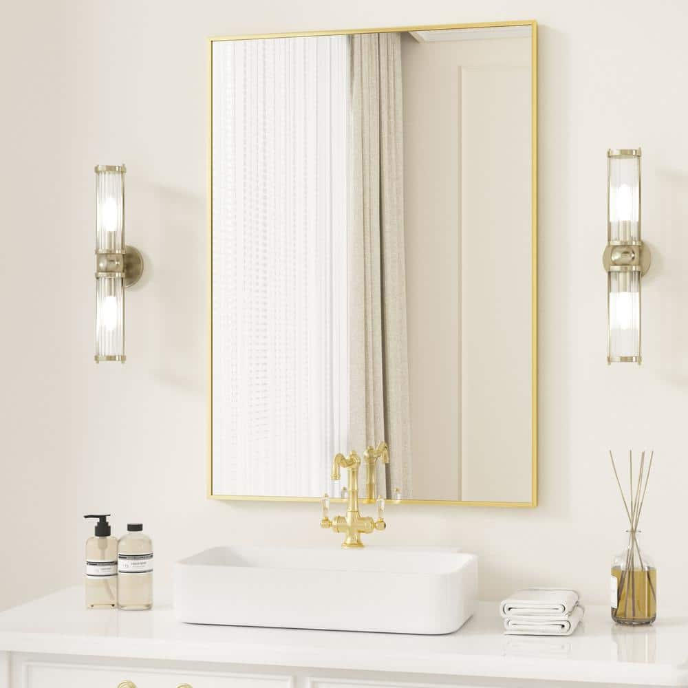 XRAMFY 30 In W X 39 5 In H Modern Rectangular Aluminum Framed Gold Wall Mirror BRTSC30395 GD