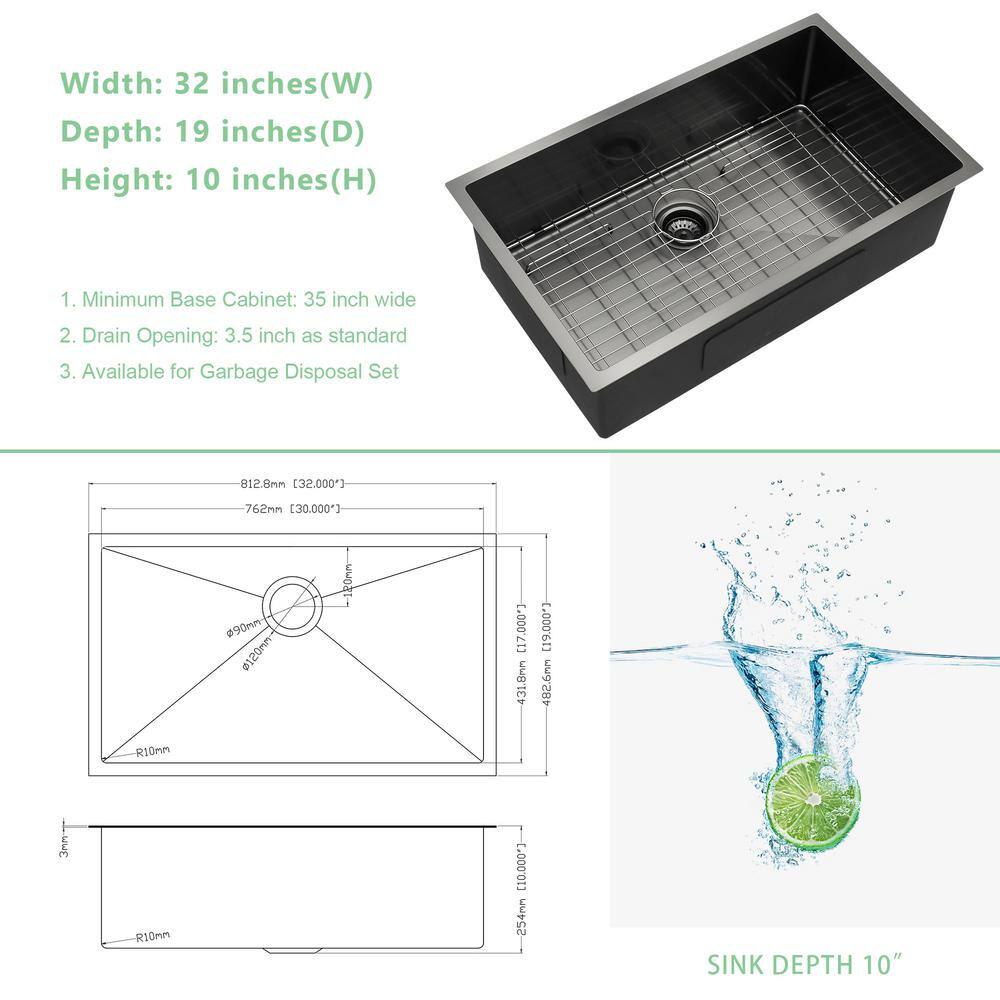 32'' Gunmetal Black Stainless Steel Undermount Kitchen Sink