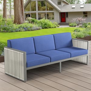 SquareChic Metal and Light Beige Wicker Outdoor 3-Seat Sectional Couch Sofa with Olefin Navy Blue Cushions