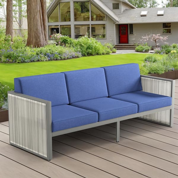 Opohoro SquareChic Metal and Light Beige Wicker Outdoor 3-Seat Sectional Couch Sofa with Olefin Navy Blue Cushions