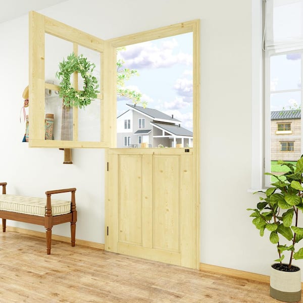 36 in. x 80 in. Solid Pine Universal 4-Lite 2-Panel Clear Glass Dutch Door w/Euca Wreath Unfinished Wood Front Door Slab