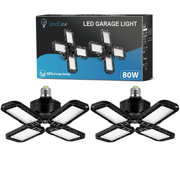 80-Watt Black Deformable LED Adjustable Garage Light Semi-Flush Mount Lighting, 4-Leaf 6000K Daylight White (2-Pack)