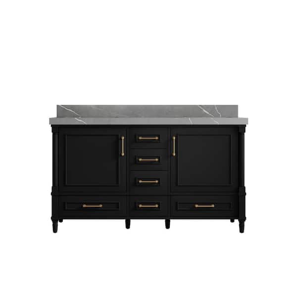 Willow Collections Hudson 60 in. W x 22 in. D x 36 in. H Double Sink Bath Vanity in Black with 2 in. Piatra Quartz Top