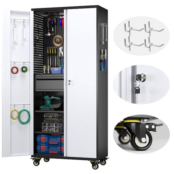 30 in. W x 71 in. H x 15 in. D Rolling Metal Freestanding Storage Cabinet with Drawer, Hooks, Pegboard in Black and Gray