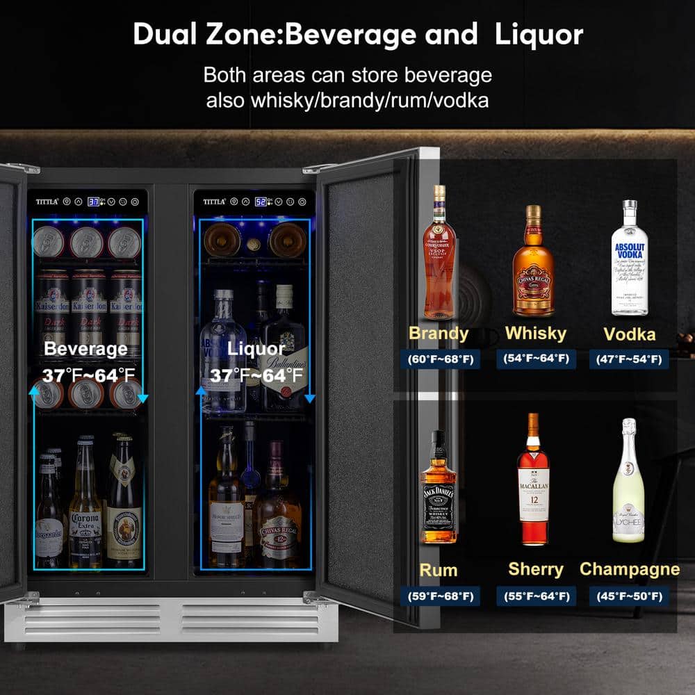 Tittla 24" Silver Beverage Refrigerator with French Doors 150-Can Capacity, Built-in or Freestanding Beer and Drink Cooler