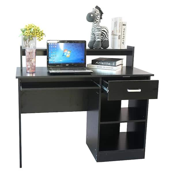 Lagom Wooden Home Office Computer Desk with Drawers and Keyboard Tray, Black