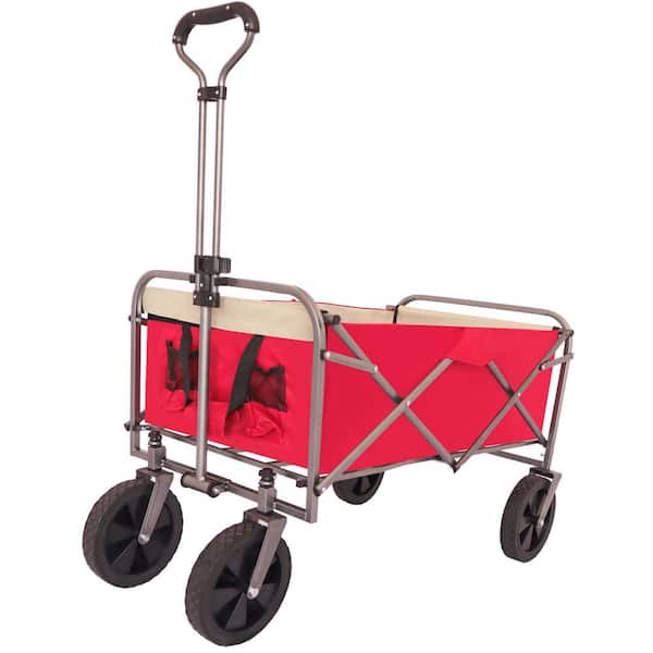 Zeus & Ruta 4 cu. ft. Oxford Fabric Bin Steel Frame Multi-Purpose Micro Collapsible Beach Trolley Garden Cart in Red and Brown