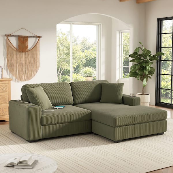 86.5 in. Corduroy L-Shaped Sectional Sofa with Wide Seating, Dual Cup Holders and Charging Ports,Toss Pillows in Green