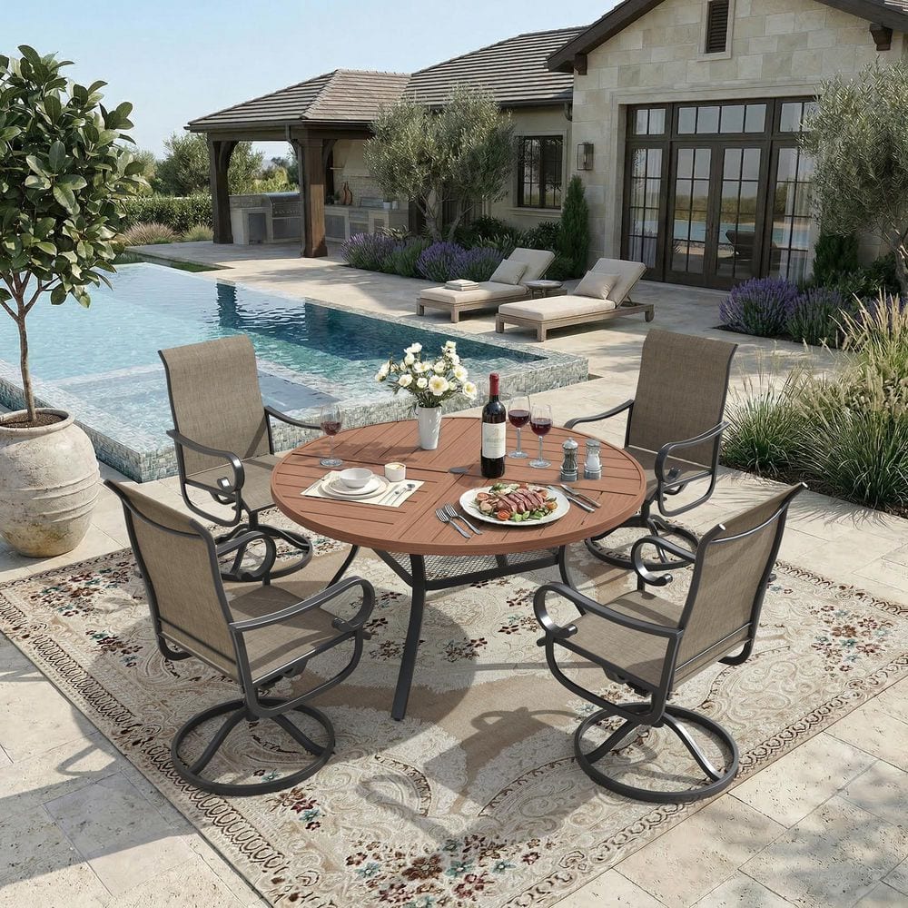 5-Piece Metal Outdoor Dining Set with 47.2 in. Walnut Slat Round Table and 4 Brown Patio Textilene Swivel Rocking Chairs price history on PriceWatchPro