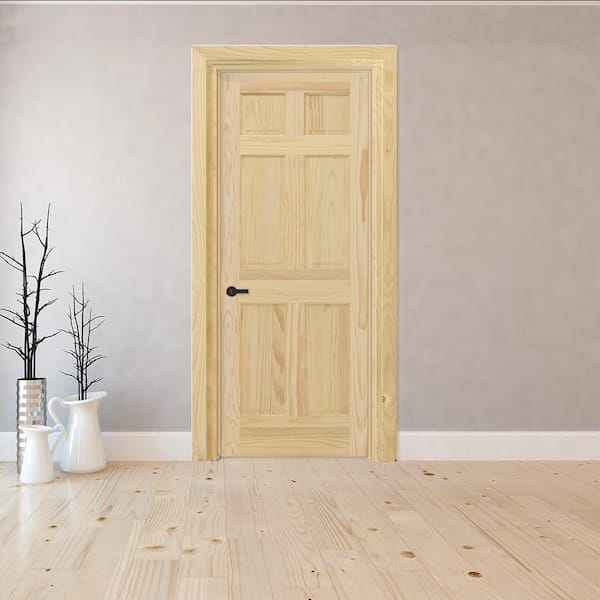 24 in. x 80 in. 6-Panel Right-Hand Unfinished Pine Wood Single Prehung Interior Door with Nickel Hinges