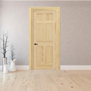 36 in. x 80 in. 6-Panel Right-Hand Unfinished Pine Wood Single Prehung Interior Door with Nickel Hinges