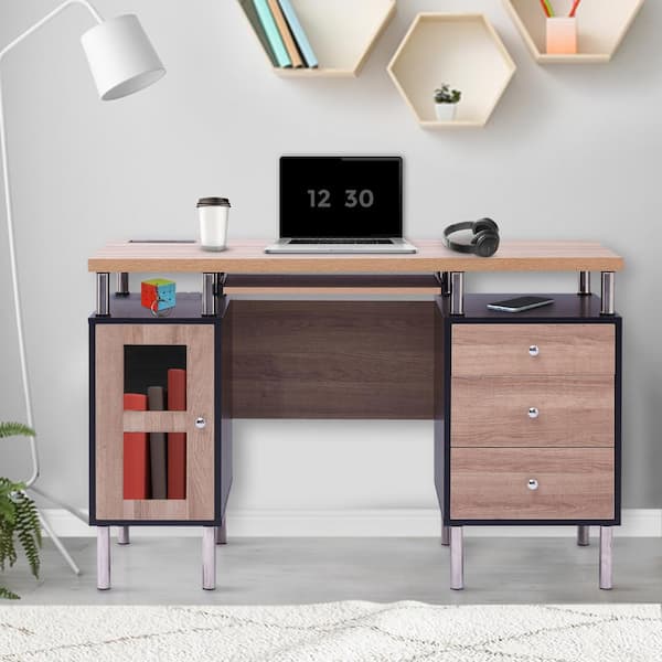 HOMESTOCK 47.2 in Contemporary 3-Drawer, 2-Tone Desk with Keyboard Tray and USB Ports Charging Station in Black/Natural