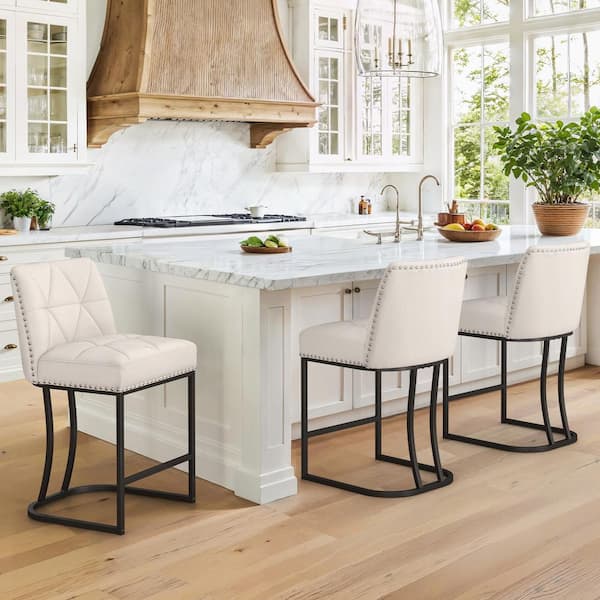 Beige Fabric Bar Stool Metal Frame Upholstered Seat Bar Chair with Backrest Rivet (Set of 3)