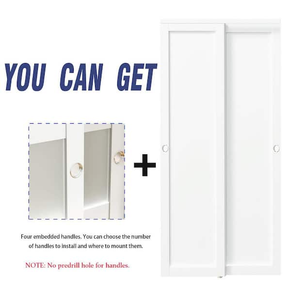 96 in. x 80 in. White PVC Covering 1-Panel MDF Sliding Door Panels with Handle, Hardware Track Kit & Floor Guide