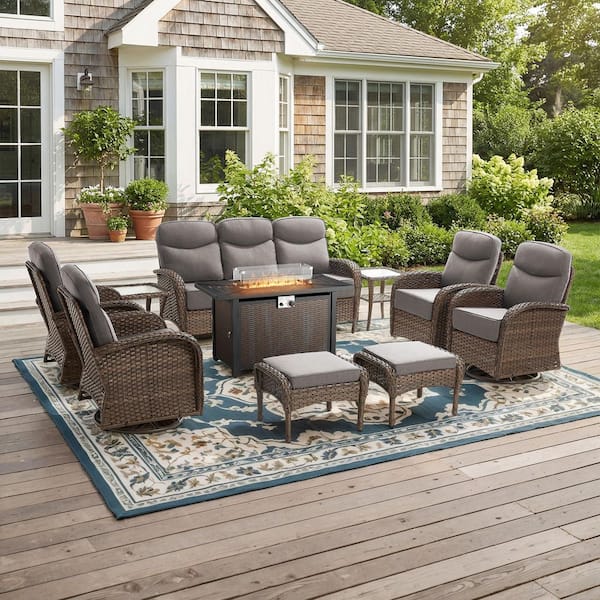 Moonridge 10-Piece Brown Wicker Fire Pit Conversation Set with 6 In. Olefin Gray Cushions / Metal Fire Pit Table