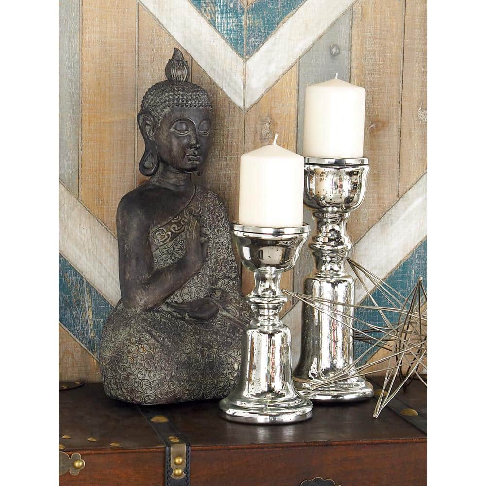 Silver Glass Pedestal Pillar Candle Holders, Set of 2