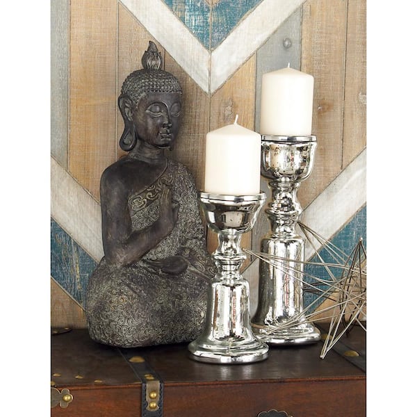Litton Lane Silver Glass Handmade Turned Style Pillar Candle Holder (Set of 2)
