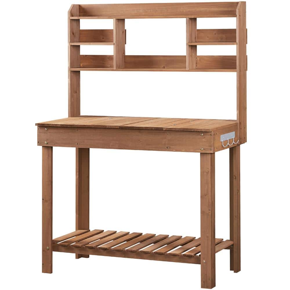 Brown Firwood Potting Bench Table with Display Rack and Storage Shelf