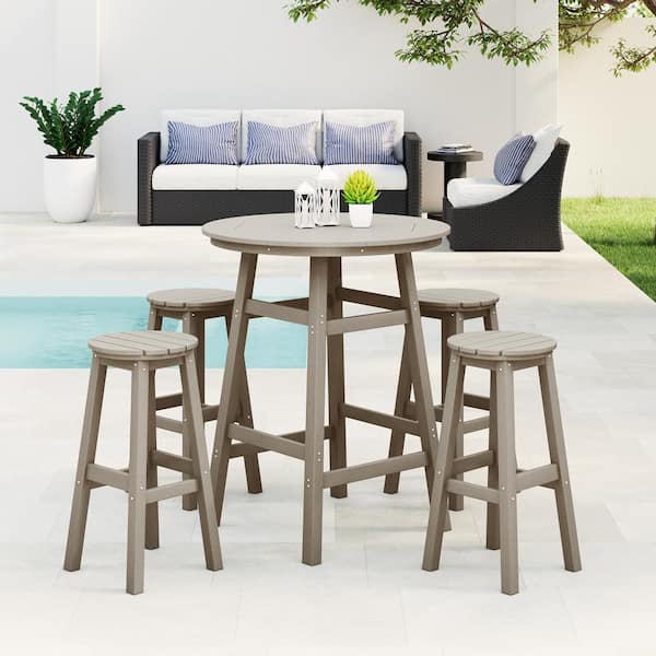 WESTIN OUTDOOR Laguna 5-Piece Bar Height HDPE Plastic Outdoor Patio Round High Top Bistro Dining Set in Weathered Wood