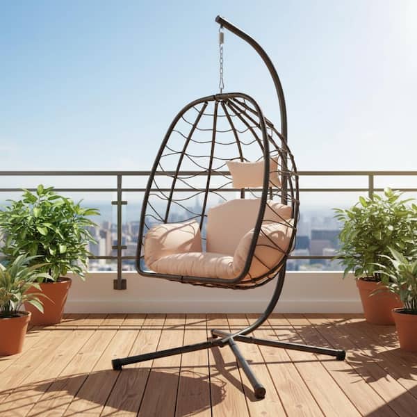 Outdoor Brown Rattan Hammock Chair with Stand and Khaki Cushion for Garden,Patio
