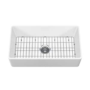 3318 33 in. Farmhouse Apron Single Bowl White Fireclay Kitchen Sink with Bottom Grid and Drain