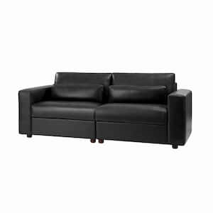 Timmy Black 86.5"W Modern Genuine Leather Secret Storage Sofa with Lumbar Pillow and Headrest