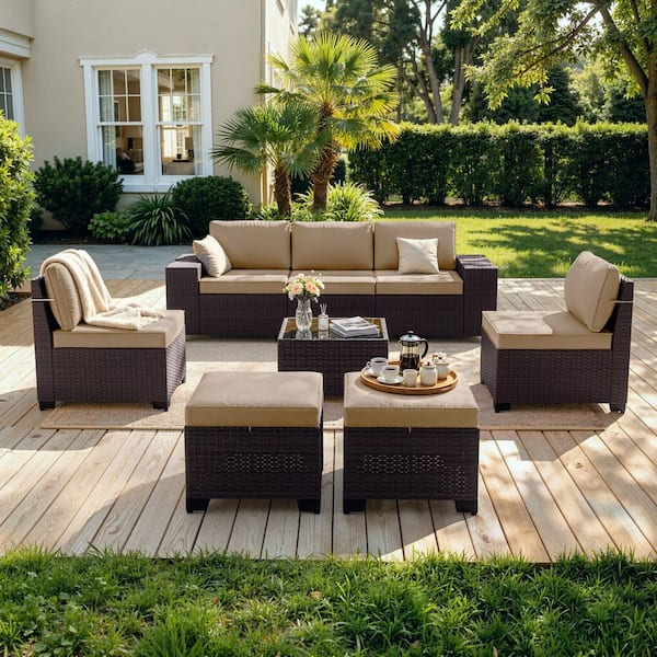 Halmuz 8-Piece Wicker Patio Conversation Set with 7 Seats, Coffee