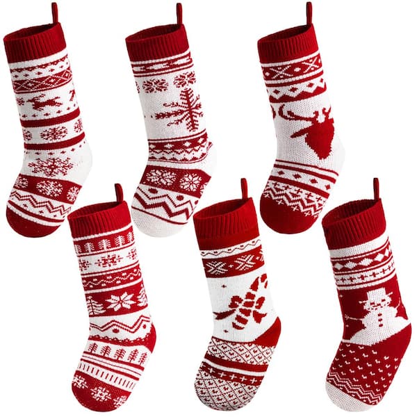 6 Pack 18" Large Bulk Cable Knit Christmas Stockings, Rustic Yarn with Snowflake Snowman Reindeer