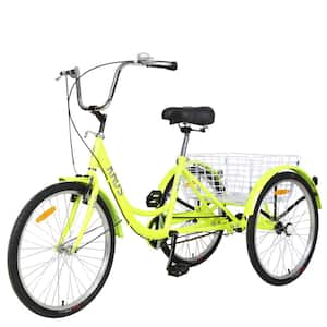 Yellow Adult Tricycle Trikes,3-Wheel Bikes, 24 in. Wheels Cruiser Bicycles with Large Shopping Basket for Women and Men