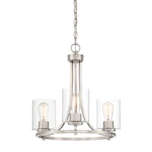 Liam 3-Light Satin Platinum Contemporary Chandelier with Clear Glass Shades For Dining Rooms