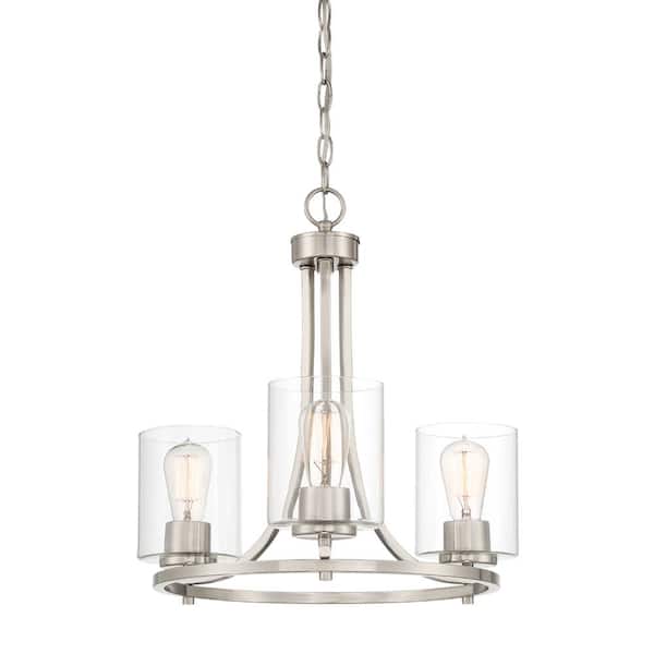 Designers Fountain Liam 3-Light Satin Platinum Contemporary Chandelier with Clear Glass Shades For Dining Rooms