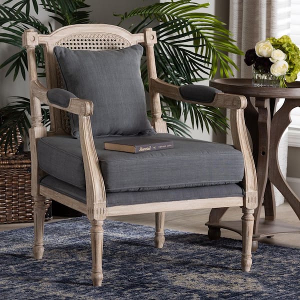 Clemence Grey Fabric and Whitewashed Mahogany Wood Arm Chair