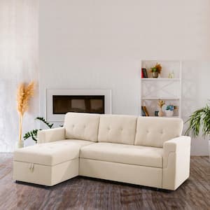 84.64 in. Velvet L-Shaped Sleeper Sectional Sofa with Square Arms in. Beige, Reversible Chaise, and Pull-out Sofa Bed