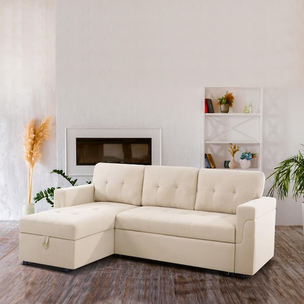 HOMESTOCK 84.64 in. Velvet L-Shaped Sleeper Sectional Sofa with Square Arms in. Beige, Reversible Chaise, and Pull-out Sofa Bed